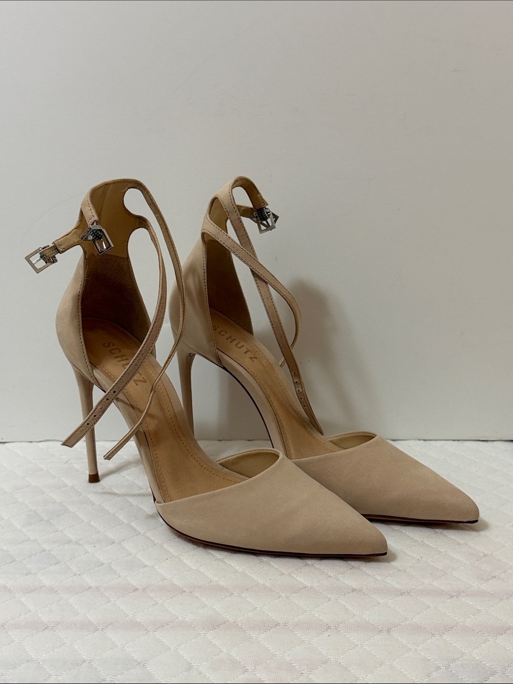 SCHUTZ Nude Suede Pointed-Toe Ankle-Strap Heels Size 8